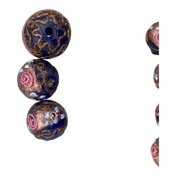 Lampwork Glass Beads Midnight Blue Rose Gold Swirl Artisan Jewelry Lot Of 19 - Picture 5 of 11